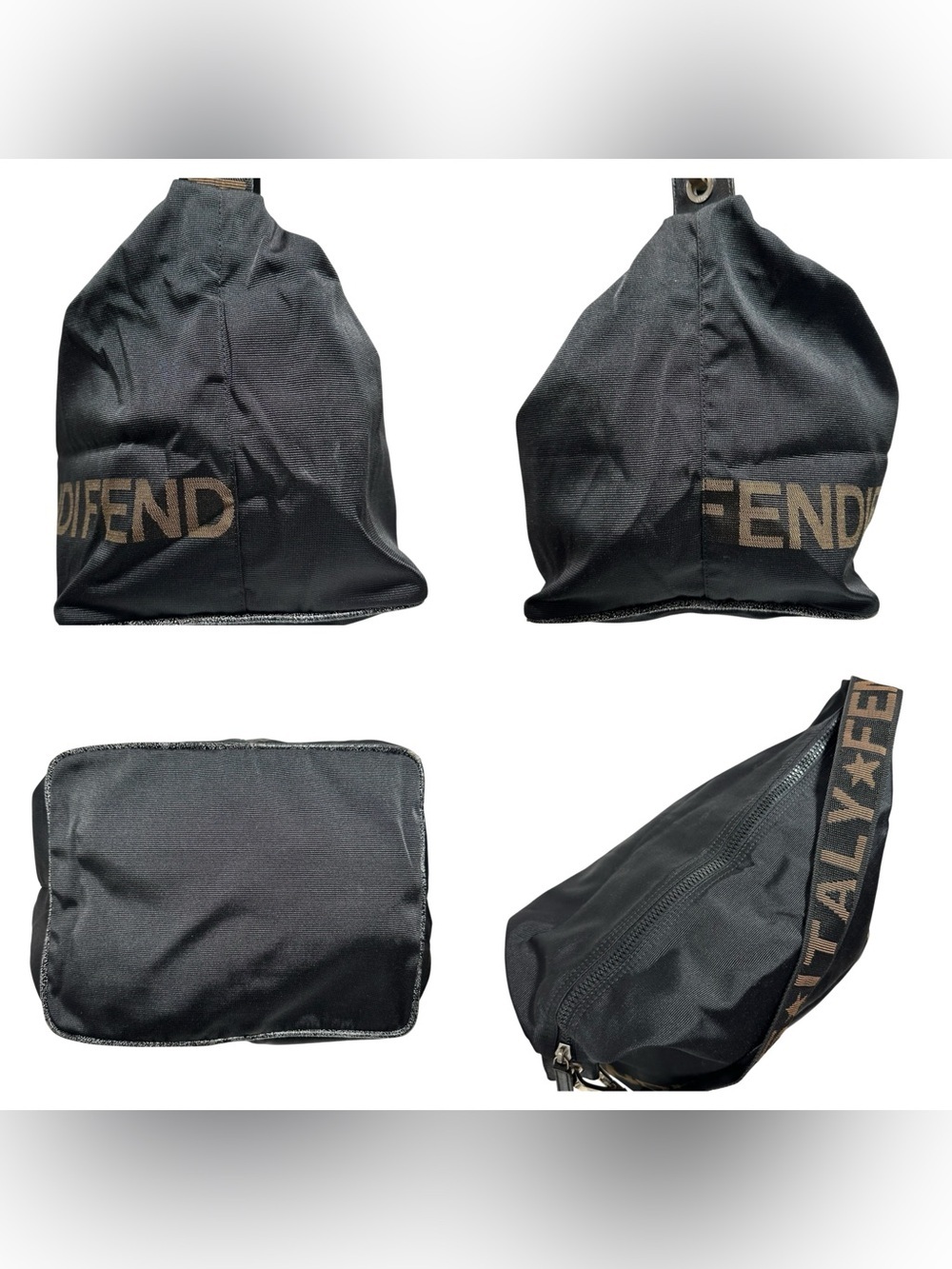 FENDI Roma Black & Tan Nylon Medium Hobo Shoulder Bag with Pochette - Picture 6 of 16